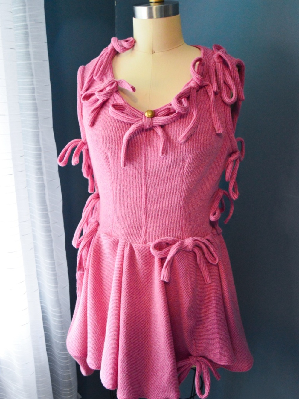 One of One Handmade, Dusty Pink Asymmetrical Soft Knit Mini Dress, with Bows - Picture 7 of 17